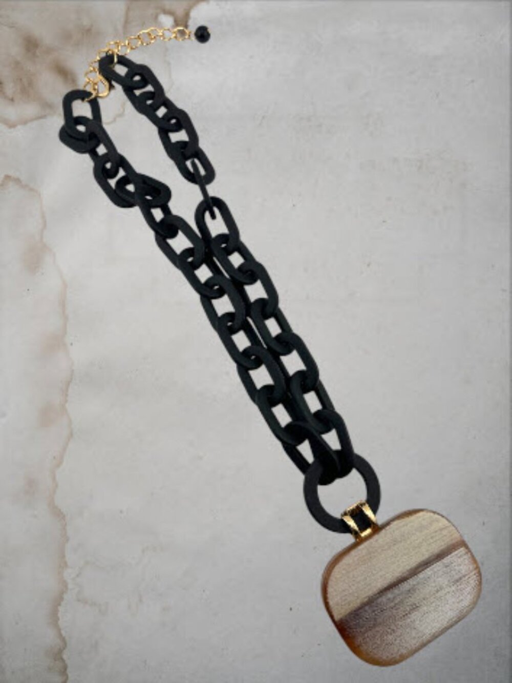 Vintage Black Link Necklace Reversible Wood Grain Pendant Adjustable NWOT